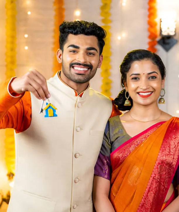 young Indian family with keys moving into new house